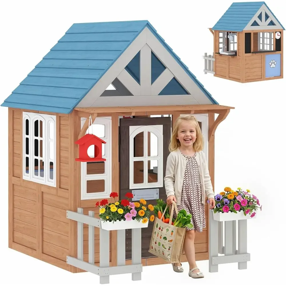 Kids Outdoor Wooden Playhouse - Qaba Outdoor Playhouse with Pet Door,