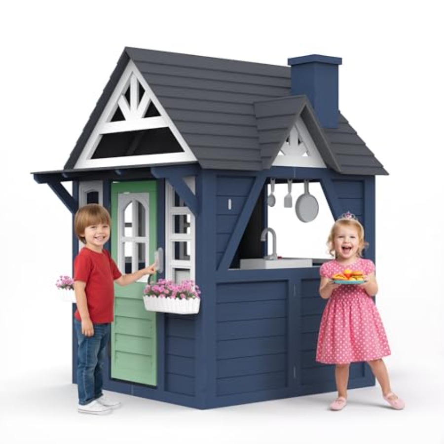 Kids Outdoor Wooden Playhouse - Outdoor kids playhouse: wooden, blue, large