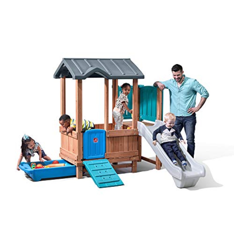 Kids Outdoor Wooden Playhouse - Woodland Adventure Playhouse & Slide, Kids