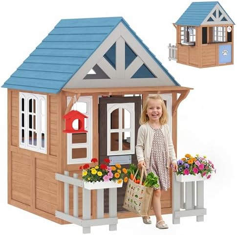 Kids Outdoor Wooden Playhouse - Outdoor Playhouse with Pet Door, Wooden