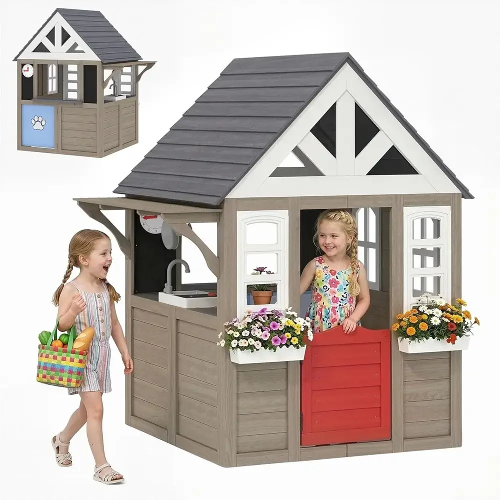 Qaba Outdoor Playhouse, Wooden - Kids Outdoor Wooden Playhouse ulasan dan harga