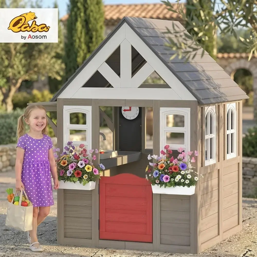 Qaba Outdoor Playhouse, Wooden - Kids Outdoor Wooden Playhouse ulasan dan harga
